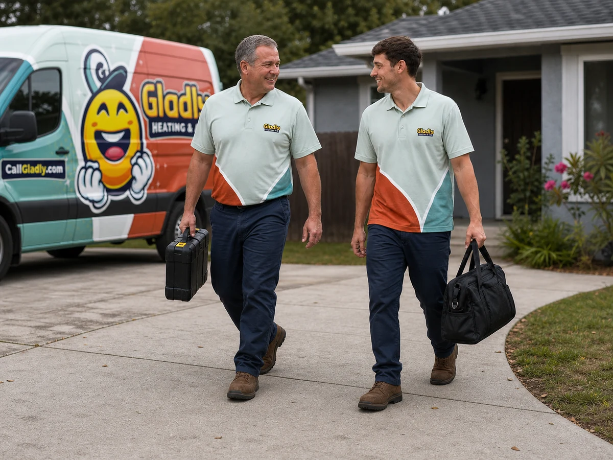Representative Gladly crew members carrying service equipment toward a home.