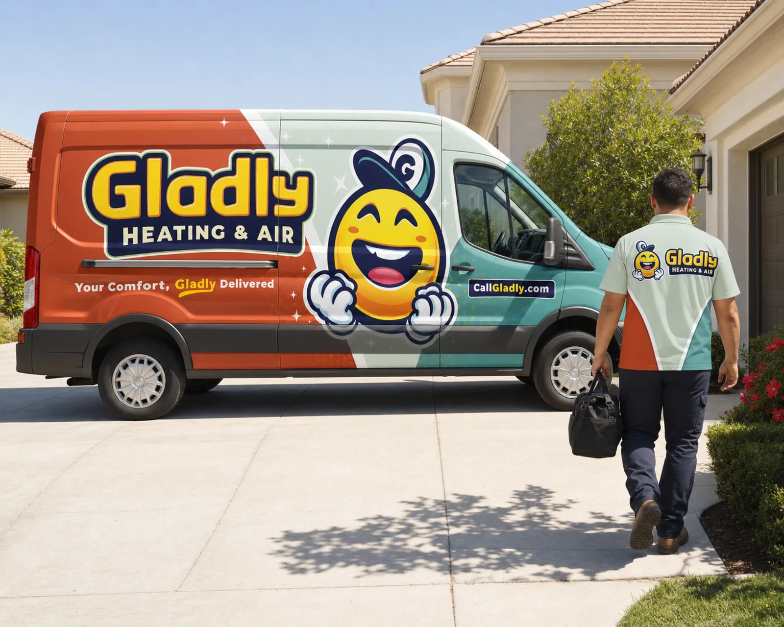 Representative Gladly technician arriving beside a branded Ford Transit T-250 service van.