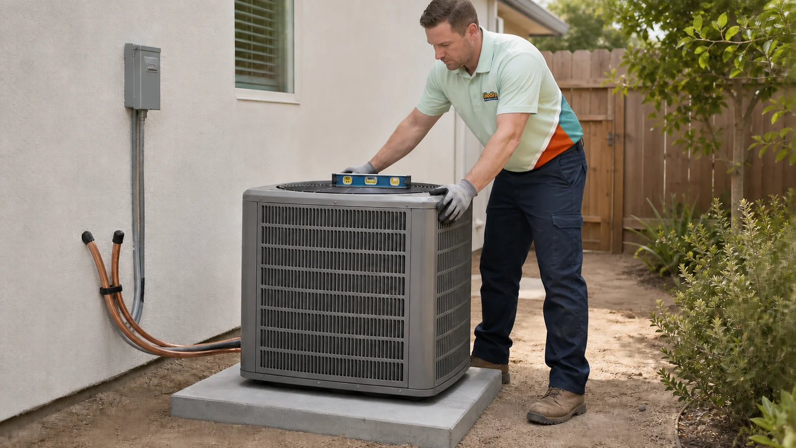 Representative Gladly technician leveling a newly placed air-conditioning unit.