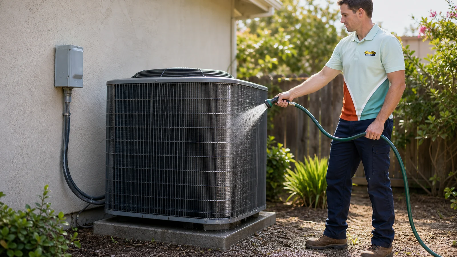 Representative Gladly technician rinsing debris from an outdoor condenser coil.