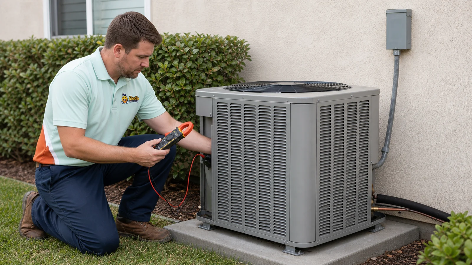 Representative Gladly technician diagnosing an outdoor air-conditioning unit.