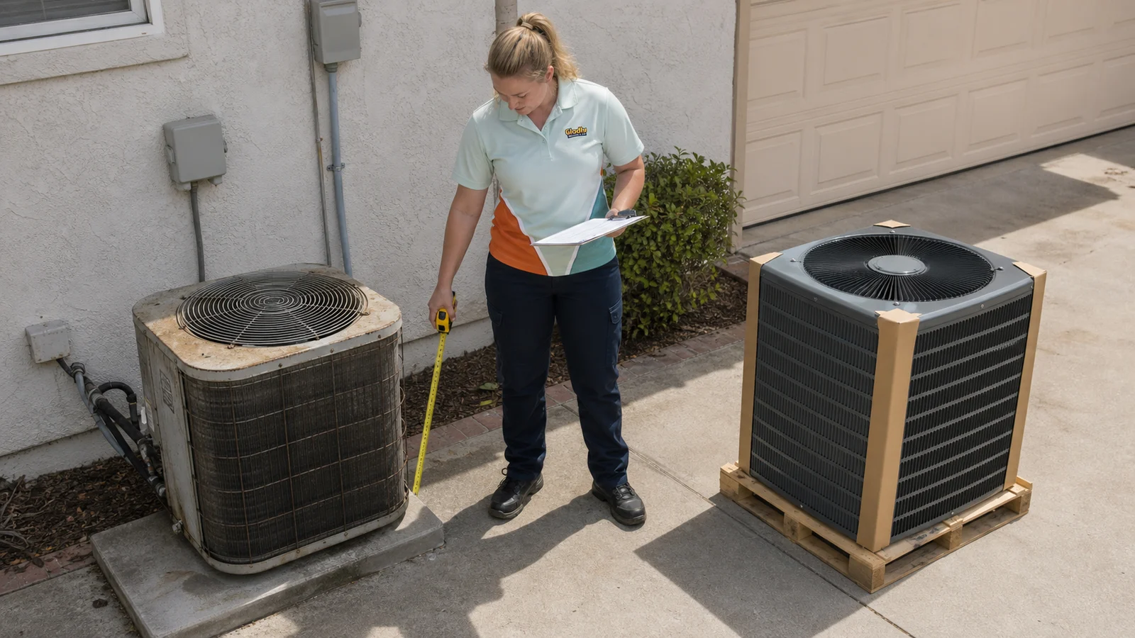 Representative Gladly technician comparing existing and replacement air-conditioning equipment.