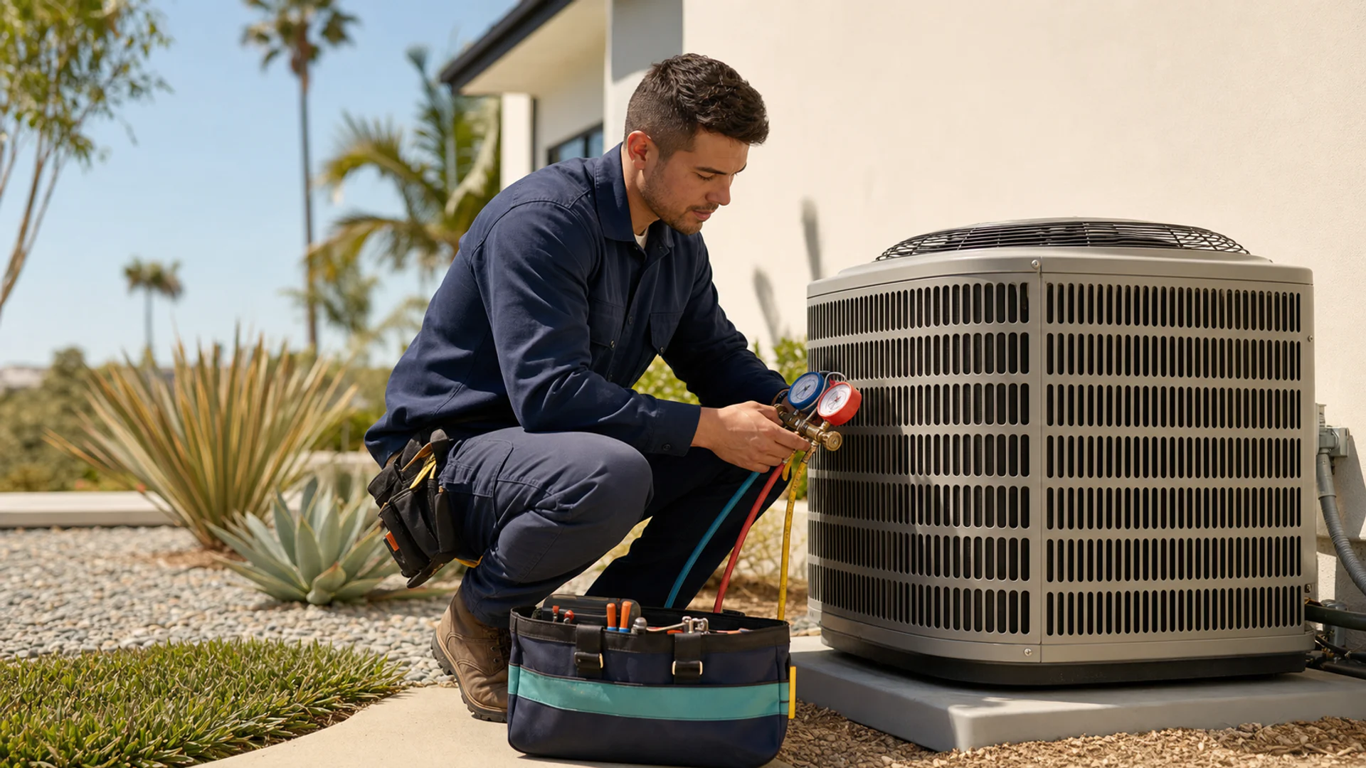 Gladly Heating & Air technician evaluating a residential air-conditioning system.