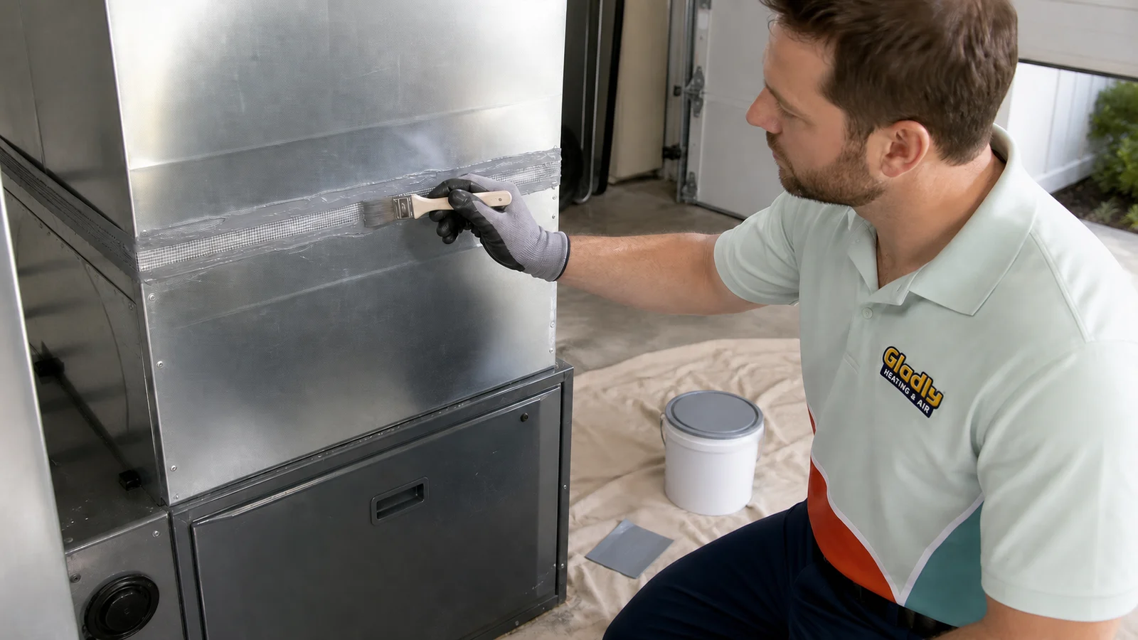 Representative Gladly technician sealing a metal duct seam with mastic and reinforcing mesh.