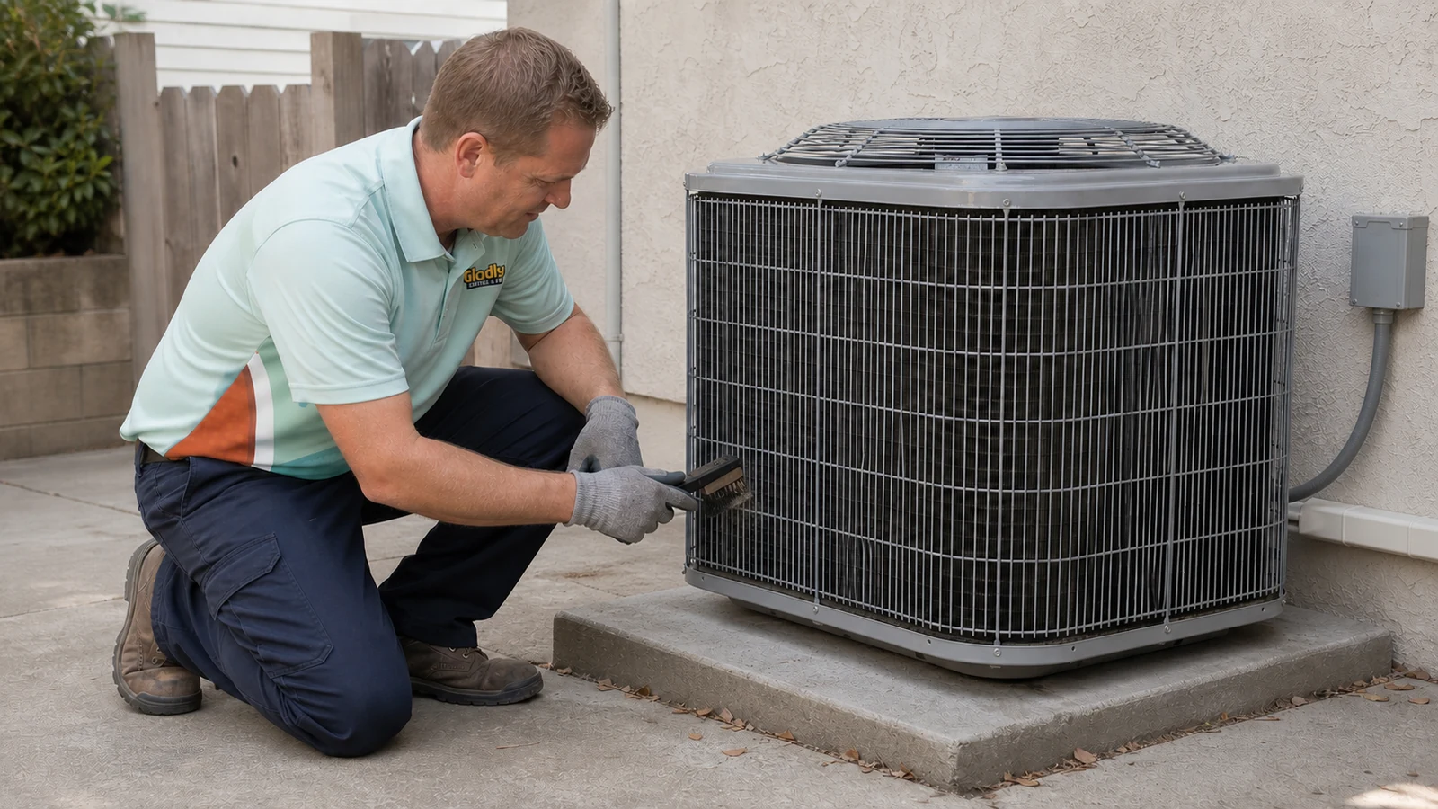Representative Gladly technician brushing debris from an outdoor heat pump during maintenance.