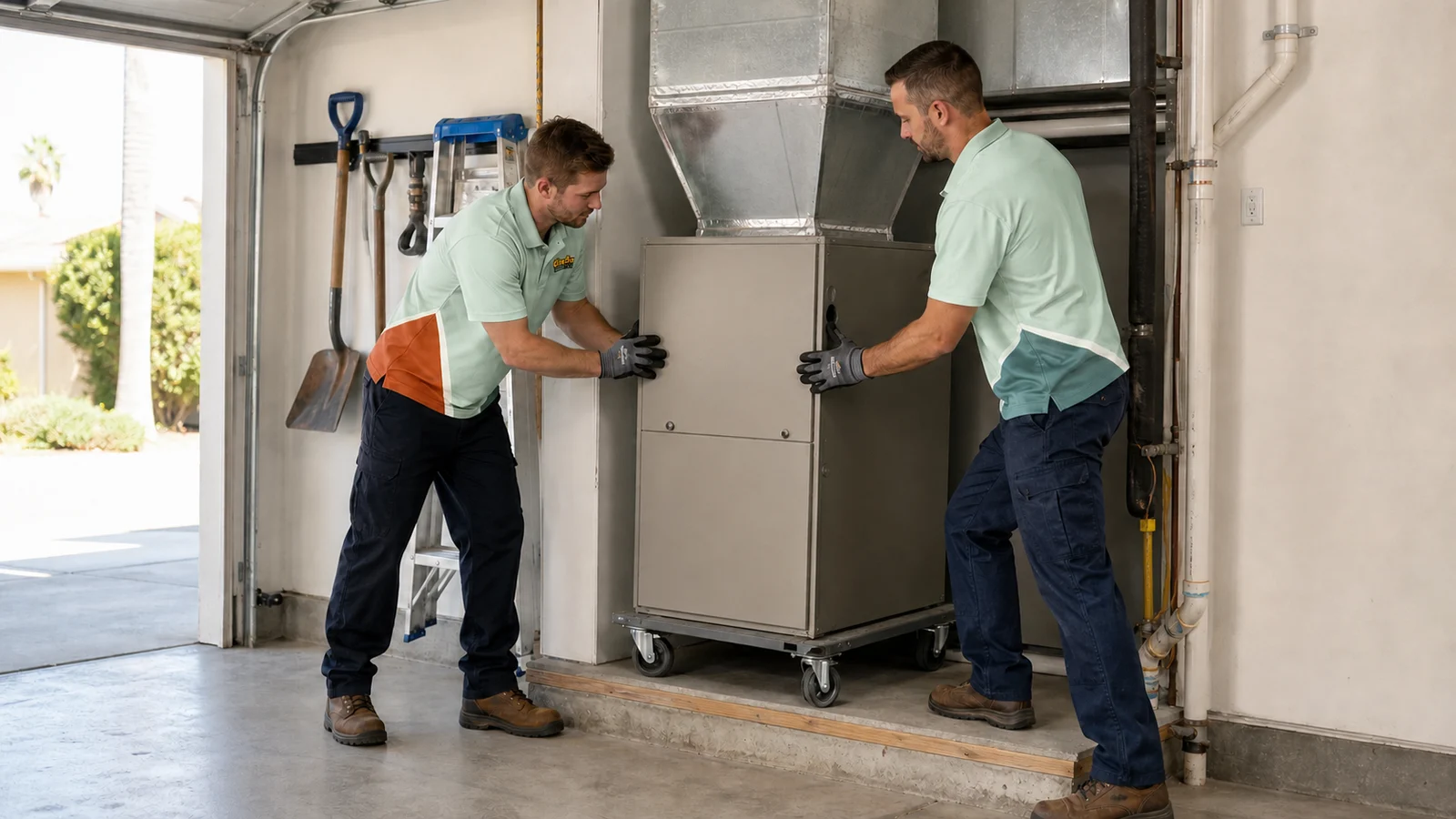 Representative Gladly crew positioning new residential heating equipment.