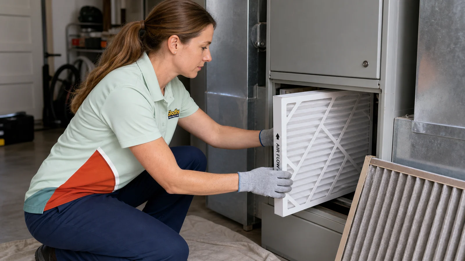 Representative Gladly technician replacing a furnace air filter during maintenance.