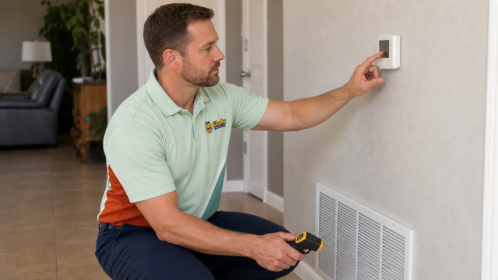 Representative Gladly technician checking thermostat response during a heating diagnosis.