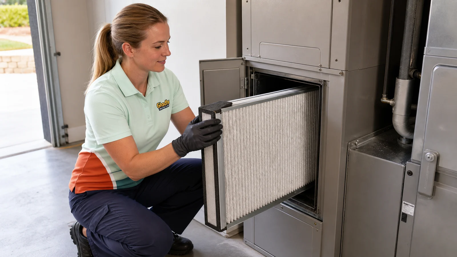 Representative Gladly technician installing a whole-home media air-cleaner cartridge.