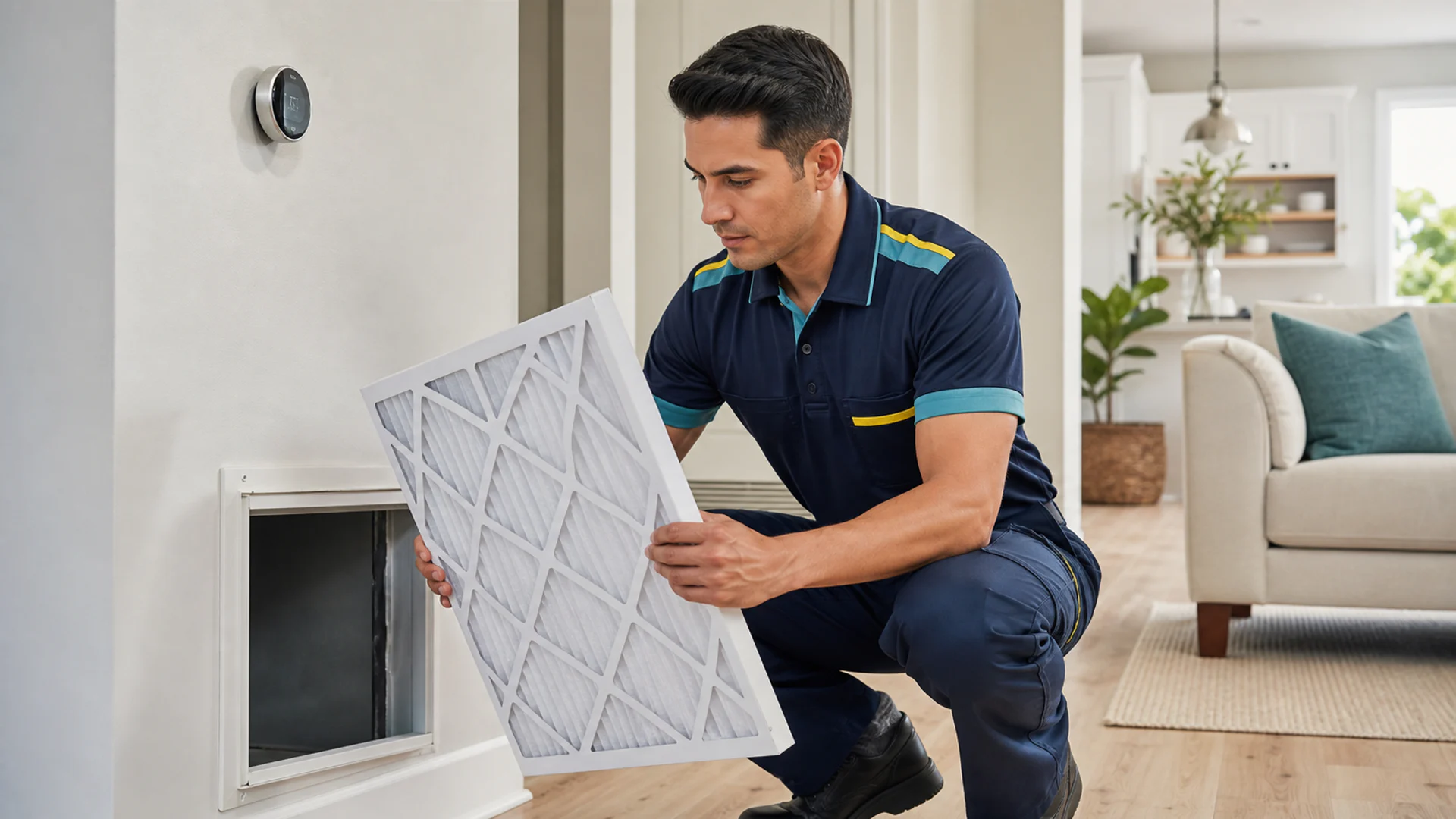 Gladly Heating & Air technician inspecting airflow at a residential vent.